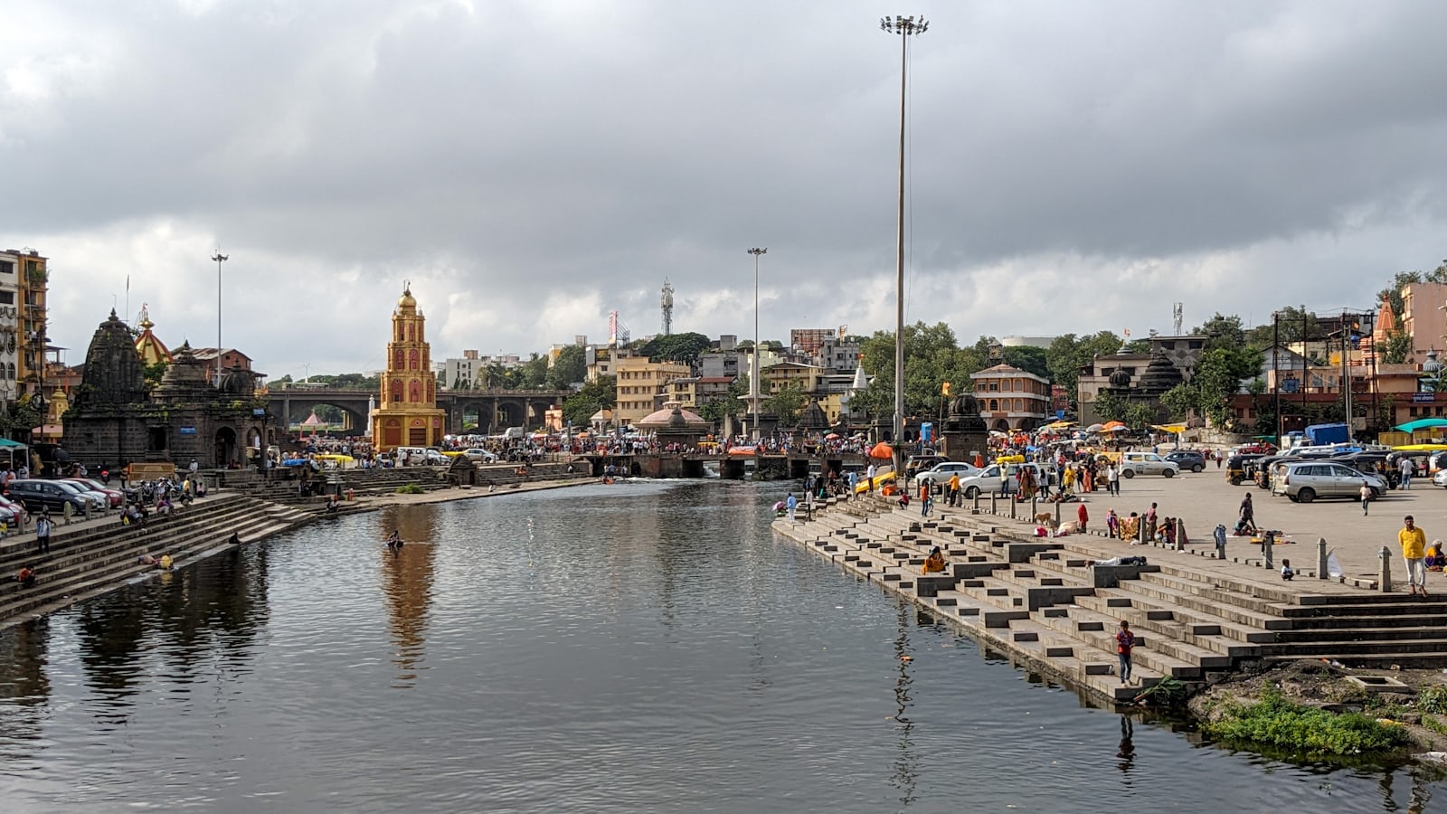 The Godavari ghats at Panchavati in Nashik, temple spires above the river steps